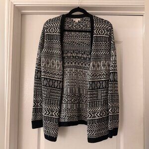 Merona black and white tribal print knit open front long cardigan size small